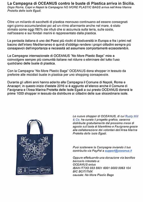Arriva alle Egadi la campagna NO MORE PLASTIC BAGS. Realizzata da OCEANUS con il supporto dell’AREA MARINA PROTETTA